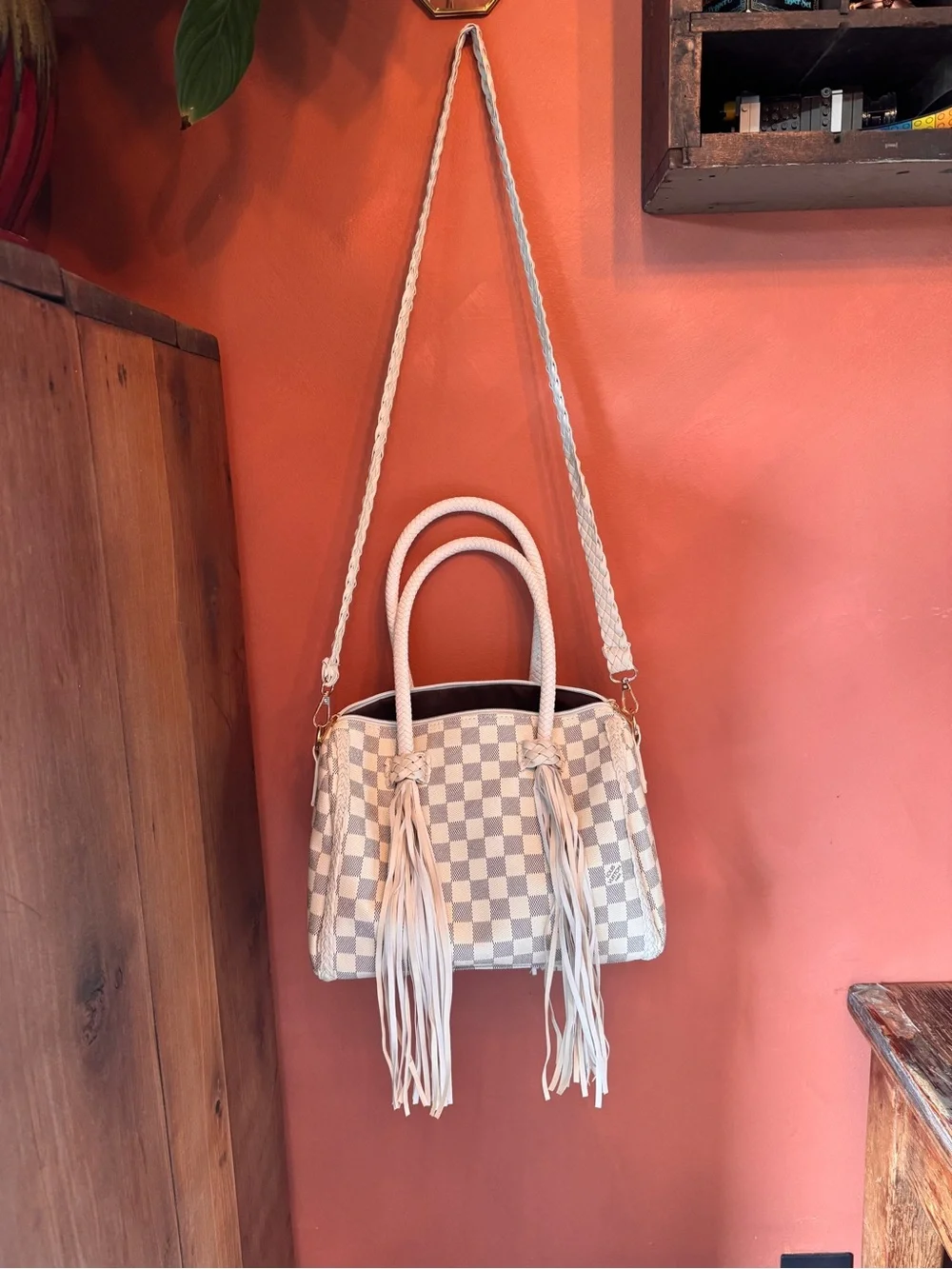 Louis Vuitton Ivory Checkered Satchel with Tassel Accents